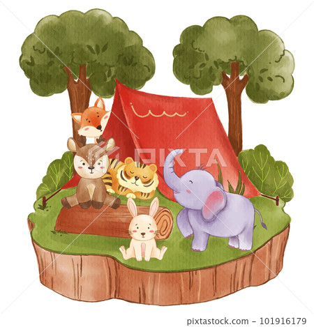 Wildlife animals are camping in jungle . Realistic watercolor paint with paper textured . Cartoon character design . Vector . 101916179