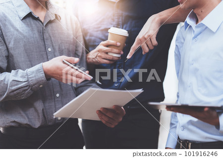 Close up of Diverse colleagues gather brainstorm discuss financial statistics at office meeting. finance, teamwork, Big data Graphs Charts concept Close up of Diverse colleagues gather brainstorm discuss financial statistics at office meeting. finance, teamwork, Big data Graphs Charts concept 101916246
