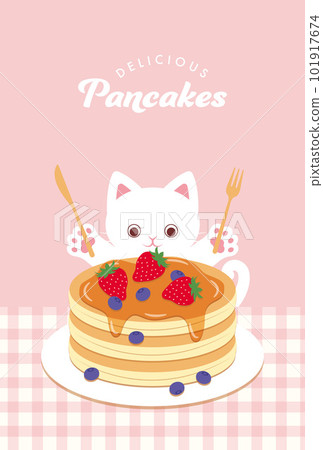 一隻貓吃草莓和藍莓煎餅的背景插圖 一隻貓吃草莓和藍莓煎餅的背景插圖 101917674
