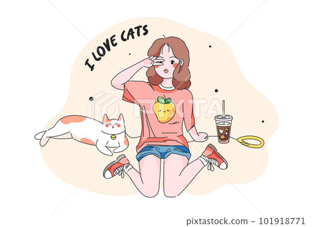 Young woman person with lazy cat companion. Girl spend happy time with domestic animal. Cartoon vector isolated illustration with girl and cat. Young woman person with lazy cat companion. Girl spend happy time with domestic animal. Cartoon vector isolated illustration with girl and cat. 101918771