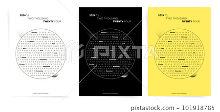 2024 calendar one page template. Vector set of black, white, yellow calendars. Circular template 12 months one page calendar planner for 2024 year. 101918785