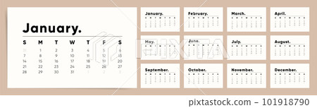 Calendar Template for 2024 year. Week starts on Sunday. Simple minimal classic style. Work or business calendar. 2024 calendar in minimalist style. English vector calendar for 2024 year.. 101918790