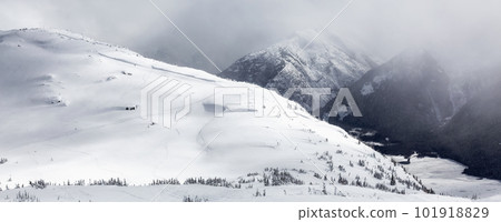 Snow Covered Mountain Peak during snowy winter day. 101918829