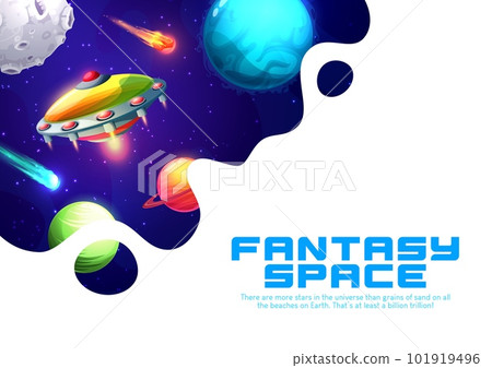 UFO in starry galaxy. Space landing page vector template of astronomy science project or business company website. Cartoon fantasy space landscape with alien galaxy spaceship, planets, stars, comets 101919496