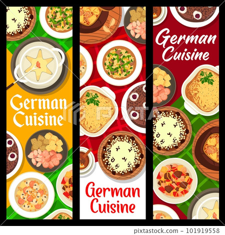 German cuisine restaurant meals banners. Christmas cake, cheese fondue and beef pepper goulash, bavarian soup, sausages and cake Black Forest, Hamburg pie, kidney Eintopf and potato sausage beer soup 101919558