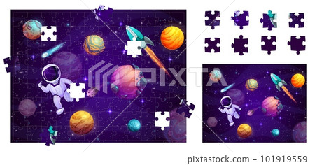 Jigsaw puzzle space game pieces. Cartoon planets, astronaut and rocket in outer space. Vector riddle complete image with cosmonaut float in galaxy and fell out parts educational worksheet for children 101919559
