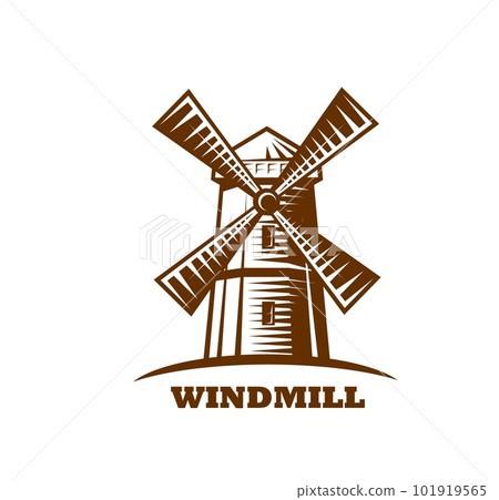 Windmill emblem, hand drawn icon. Wheat and barley farm, organic food grocery store or market symbol of village old mill, agriculture company engraved vector symbol with countryside windmill building 101919565