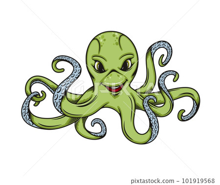 Cartoon octopus, cute sea water animal character. Vector green octopus with happy smiling face, tentacles and blue suckers. Funny personage of marine monster, zoo aquarium, ocean wildlife themes Cartoon octopus, cute sea water animal character. Vector green octopus with happy smiling face, tentacles and blue suckers. Funny personage of marine monster, zoo aquarium, ocean wildlife themes 101919568