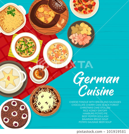 German cuisine restaurant menu cover design. Chocolate cherry cake Black Forest, sausages and cake Stollen, goulash, bavarian bread soup and Hamburg pie, potato beer soup, cheese fondue and Eintopf 101919581