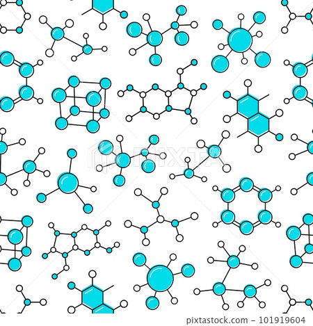 Science and medical molecule icons seamless pattern, chemistry and biology vector background. Thin line molecular structure and chemical formula of bio cells, blue hexagon, cube and circle models 101919604