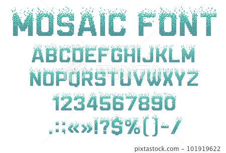 Mosaic pixel font, fission typeface, halftone type, pool alphabet. Vector letters and numbers with pattern of blue square tiles or swimming pool floor mosaic. Retro video game, digital typography abc 101919622