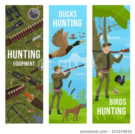Hunting sport equipment and animals, cartoon hunter, gun and dog vector banners. Duck hunter with rifle, bow and compass, mallard ducks, quail and grouse at green forest trees and marsh landscapes 101919656
