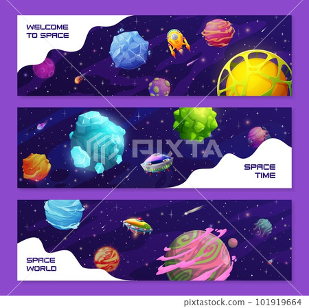 Cartoon galaxy space banners with fantasy UFO and spacecraft or alien planets, vector background. Kids galactic and fantastic space shuttles, rocketships and starships or asteroids and sky stars Cartoon galaxy space banners with fantasy UFO and spacecraft or alien planets, vector background. Kids galactic and fantastic space shuttles, rocketships and starships or asteroids and sky stars 101919664