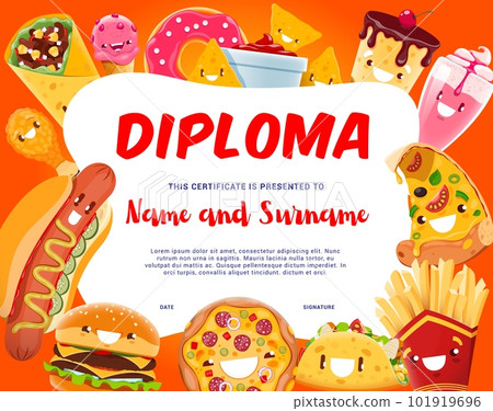 Kids diploma cartoon cheerful fast food characters. Cartoon vector honor trophy letter with funny pizza, hot dog, burger, tacos and burrito. Tex mex nachos, chicken, pie, cocktail and french fries 101919696