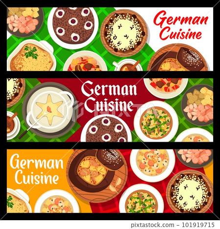 German cuisine restaurant meals banners. Black Forest cake, sausages and cheese fondue, goulash, potato sausage beer soup and bavarian bread soup, kidney Eintopf, potato pie and christmas cake Stollen German cuisine restaurant meals banners. Black Forest cake, sausages and cheese fondue, goulash, potato sausage beer soup and bavarian bread soup, kidney Eintopf, potato pie and christmas cake Stollen 101919715