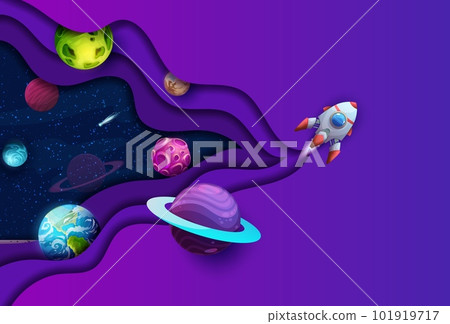 Space paper cut flying rocket in starry galaxy with cartoon planets, comets and 3d layered origami border. Vector space landscape with double exposure dark sky, stars, fantasy planets and spaceship 101919717