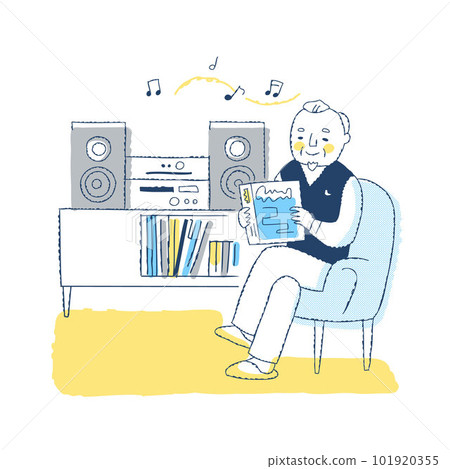 Senior man enjoying listening to music in his room 101920355