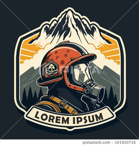 Logo with a firefighter in a gas mask on the background of a mountain and a forest. For your sticker or logo design Logo with a firefighter in a gas mask on the background of a mountain and a forest. For your sticker or logo design 101920716