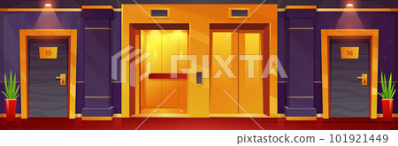 Cartoon luxury hotel floor with golden elevators 101921449