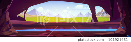 Cave view on grass field and mountains nature 101921481