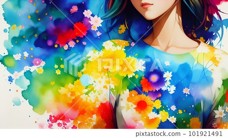 帶有塗鴉藝術風格花朵和女孩圖案的彩色壁紙 101921491