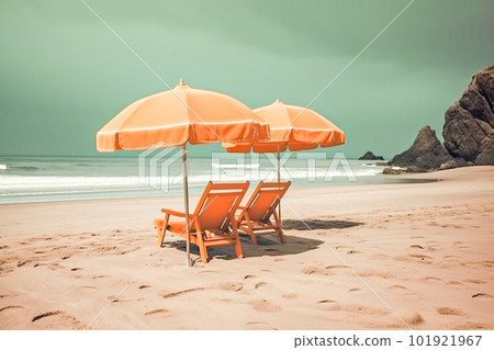 Two beach chairs and umbrella on the tropical beach with sea and sky background, vintage color tone Two beach chairs and umbrella on the tropical beach with sea and sky background, vintage color tone 101921967