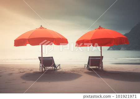 Two beach chairs and umbrella on the tropical beach with sea and sky background, vintage color tone Two beach chairs and umbrella on the tropical beach with sea and sky background, vintage color tone 101921971