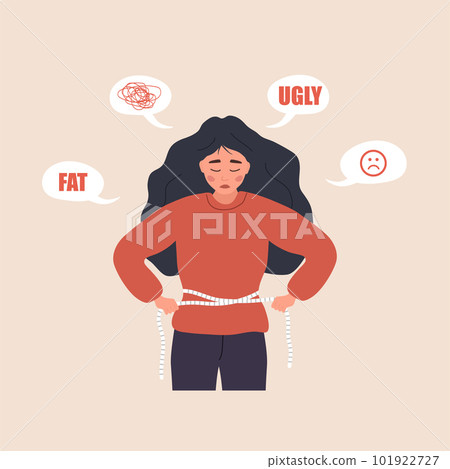 Eating disorder. Depressed woman measuring her waist with measuring tape. Mental problems. Food addiction. Bulimia or anorexia concept. Vector illustration in flat cartoon style 101922727