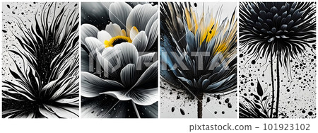Abstract art posters with flowers, black ink art with some yellow and blue, brush painting for interior design, decor, packaging, invitations, print. AI generated. Abstract art posters with flowers, black ink art with some yellow and blue, brush painting for interior design, decor, packaging, invitations, print. AI generated. 101923102