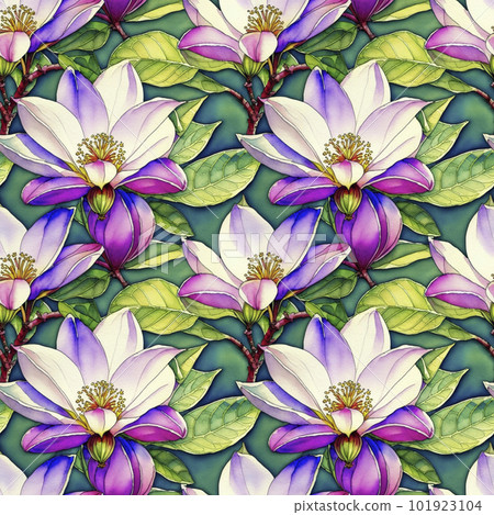 Floral tropical seamless watercolor pattern with Magnolia flowers and green leaves on blue backdrop, wallpaper design, illustration for textile design, cover, wallpaper, wrapping paper. AI generated Floral tropical seamless watercolor pattern with Magnolia flowers and green leaves on blue backdrop, wallpaper design, illustration for textile design, cover, wallpaper, wrapping paper. AI generated 101923104