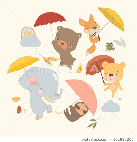Cartoon Set with Cute Animals holding Colorful Umbrellas Cartoon Set with Cute Animals holding Colorful Umbrellas 101923205