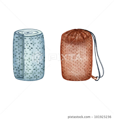 Rug and tent in a cover for outdoor recreation and traveling by car. Watercolor illustration Rug and tent in a cover for outdoor recreation and traveling by car. Watercolor illustration 101923236