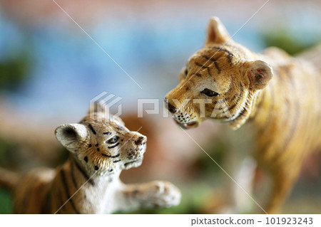 A tiger parent and child figure displayed in a natural diorama A tiger parent and child figure displayed in a natural diorama 101923243