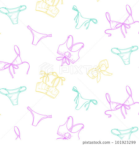 Seamless pattern of underwear in pastel colors on a white background. Panties, bikinis and bras. 101923299