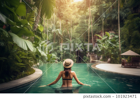 Girl in the pool. Created with generative Ai technology. 101923471