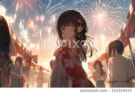A beautiful girl wearing a yukata and fireworks 101924433