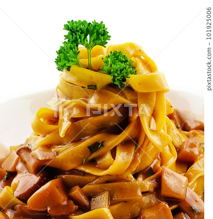 Pasta with mushrooms on white background Pasta with mushrooms on white background 101925006