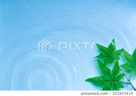 Blue autumn leaves (artificial flowers) and ripples floating on the surface of the water 101925414