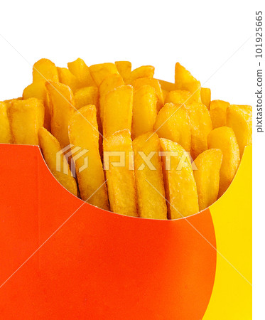 Potatoes fries in a red carton box isolated on a white background Potatoes fries in a red carton box isolated on a white background 101925665