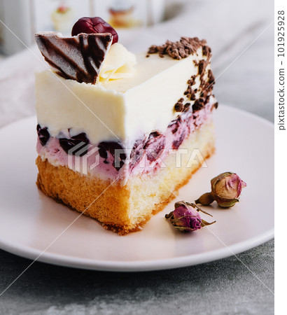 Slice of cherry cheesecake on plate 101925928
