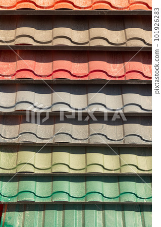 Samples of the colorful roof metal for home building. Samples of the colorful roof metal for home building. 101926283