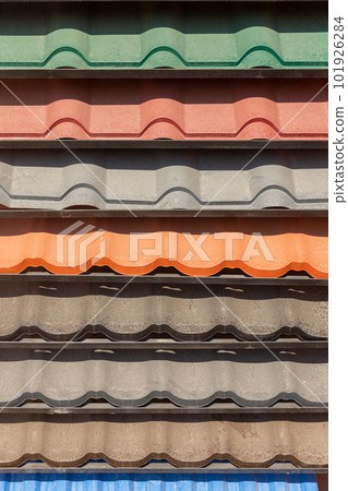 Samples of the colorful roof metal for home building. Samples of the colorful roof metal for home building. 101926284
