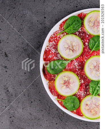 Italian beef carpaccio with sliced zucchini Italian beef carpaccio with sliced zucchini 101926563