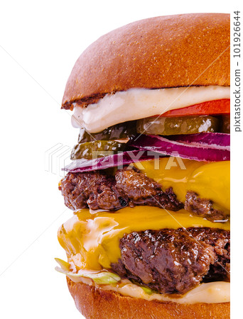 Large cheeseburger with two beef patties grilled 101926644