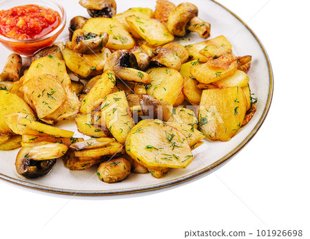 Potatoes with fried mushrooms on a plate Potatoes with fried mushrooms on a plate 101926698