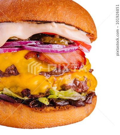 Bacon cheese burger with beef patty tomato onion 101926851