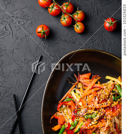 Asian vegetarian udon noodles with vegetables in a bowl Asian vegetarian udon noodles with vegetables in a bowl 101926859