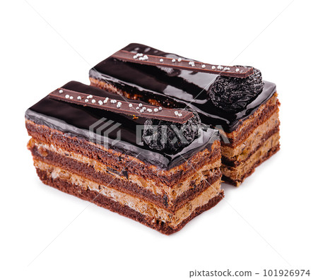 chocolate layered cakes slices on plate chocolate layered cakes slices on plate 101926974