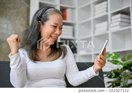 Elderly lady celebrate while looking at smartphone screen after receiving a good news online. Elderly lady celebrate while looking at smartphone screen after receiving a good news online. 101927132