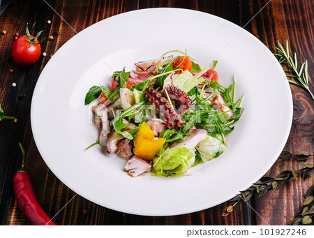 arugula salad with octopus on white plate 101927246